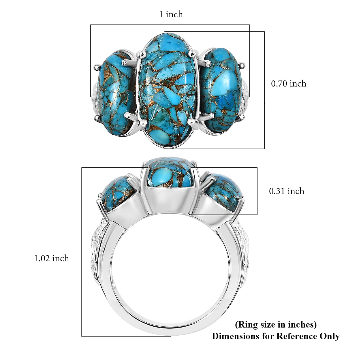 Matrix Chestnut Brine Turquoise 8.35 ctw 3 Stone Ring in Platinum Over Copper with Magnet (Size 9.0) image number 5