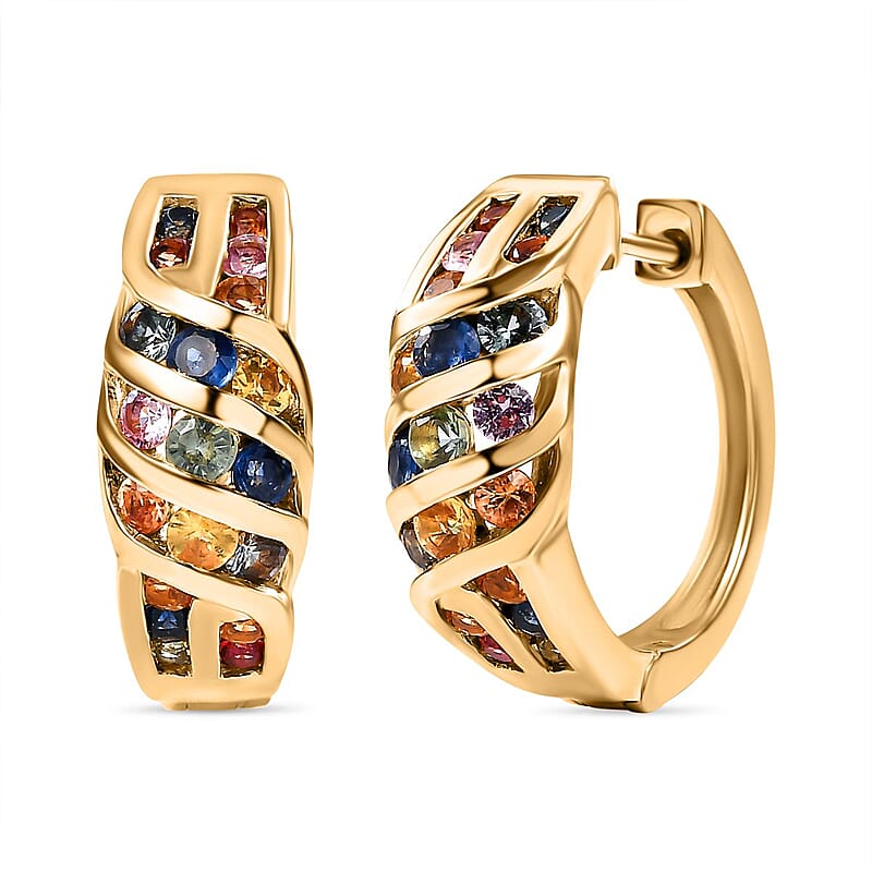 D'Joy Multi Sapphire 2.90 ctw Ocean Waves Earrings in 18K Vermeil Yellow Gold Over Sterling Silver