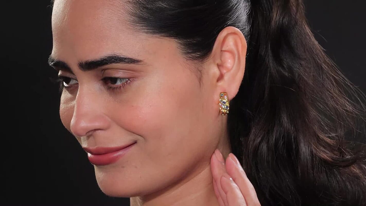 D'Joy Multi Sapphire 2.90 ctw Wave Earrings in 18K Vermeil Yellow Gold Over Sterling Silver
