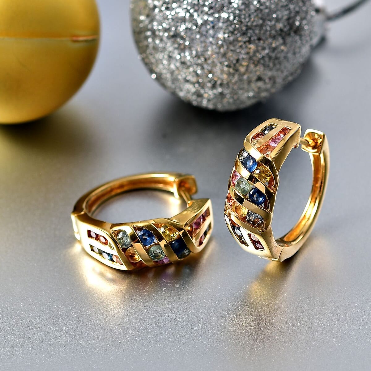 D'Joy Multi Sapphire 2.90 ctw Wave Earrings in 18K Vermeil Yellow Gold Over Sterling Silver image number 1