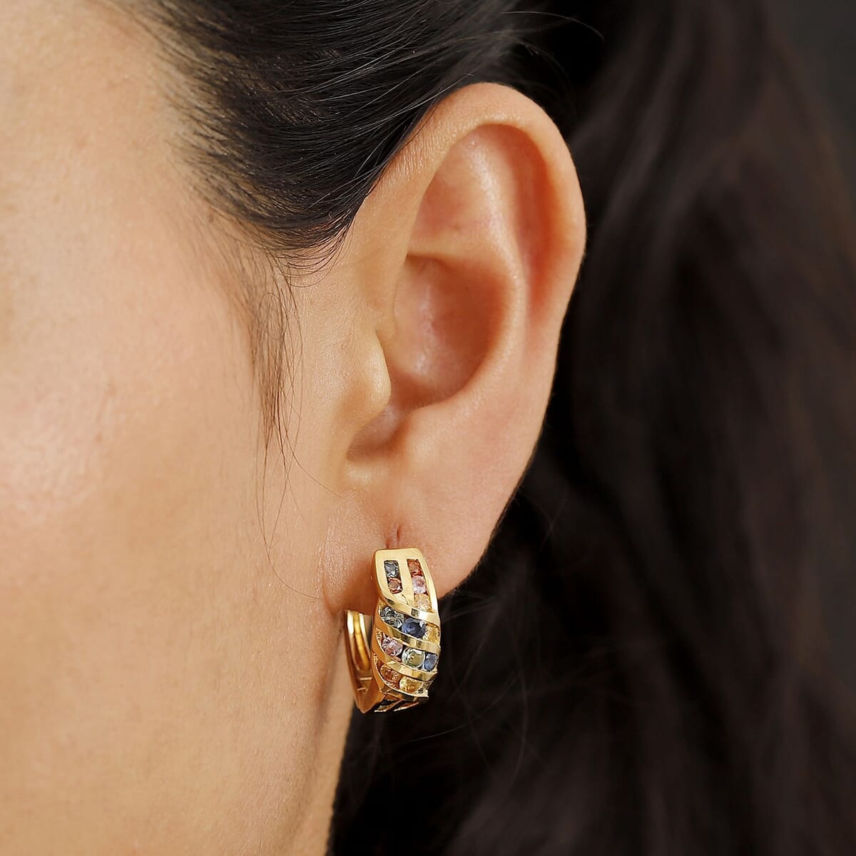 D'Joy Multi Sapphire 2.90 ctw Wave Earrings in 18K Vermeil Yellow Gold Over Sterling Silver image number 2
