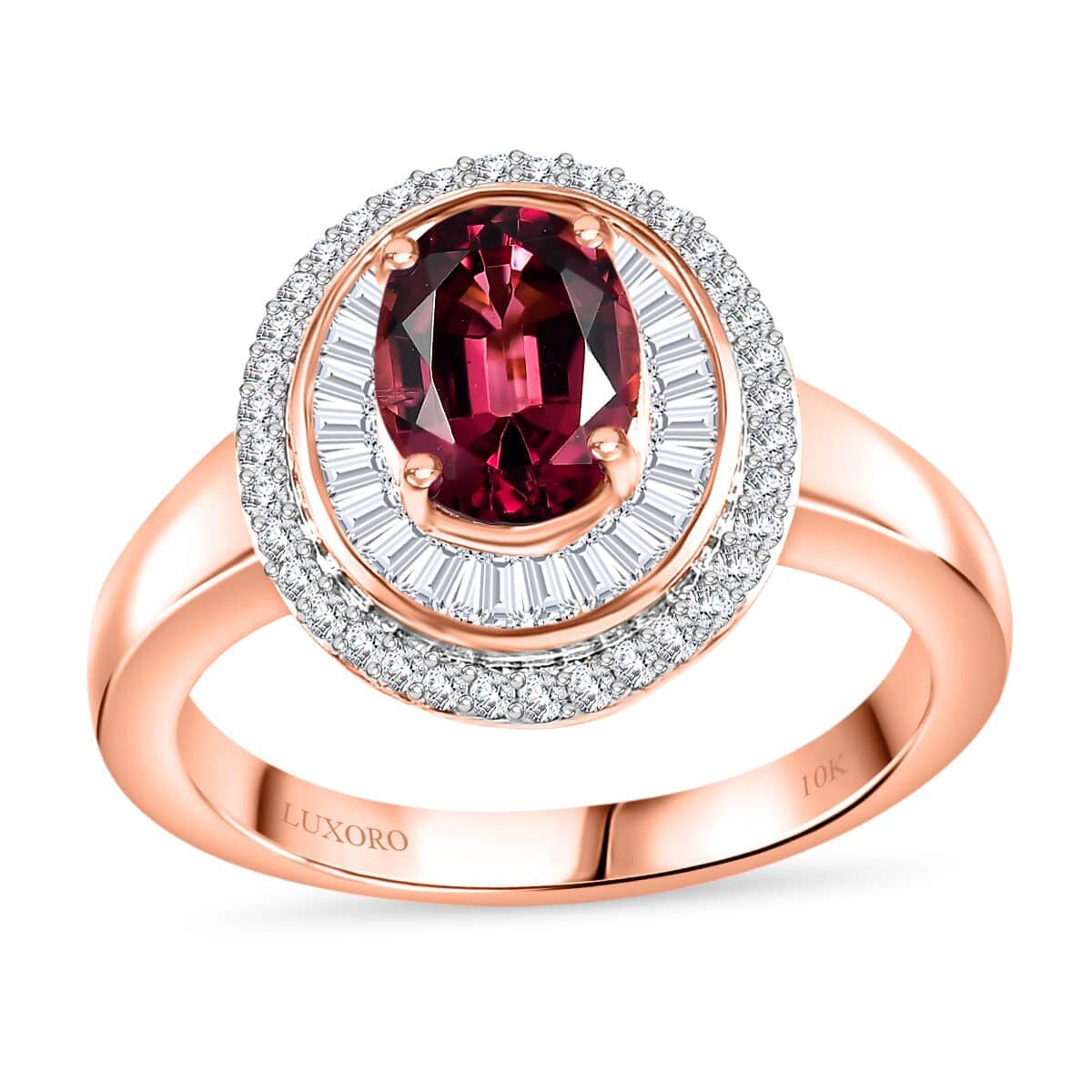 Luxoro AAA Ouro Fino Rubellite and G-H I2 Diamond 1.90 ctw Double Halo Ring in 10K Rose Gold (Size 10.0) 4.25 Grams image number 0