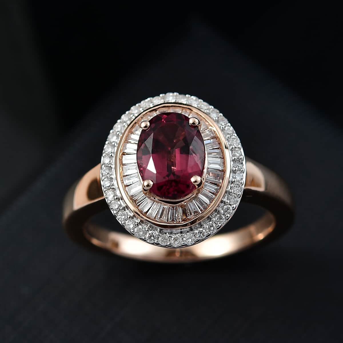 Luxoro AAA Ouro Fino Rubellite and G-H I2 Diamond 1.90 ctw Double Halo Ring in 10K Rose Gold (Size 10.0) 4.25 Grams image number 1