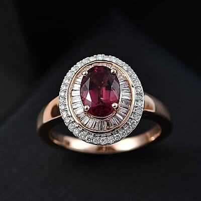 Luxoro AAA Ouro Fino Rubellite and G-H I2 Diamond 1.90 ctw Double Halo Ring in 10K Rose Gold (Size 11.0) 4.25 Grams