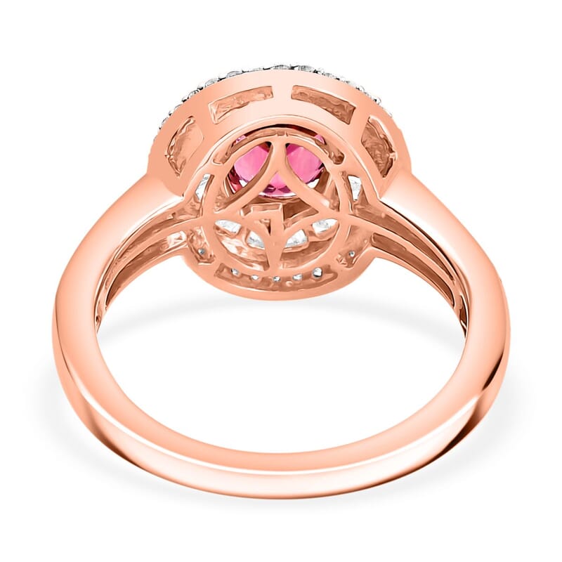 Luxoro AAA Ouro Fino Rubellite and G-H I2 Diamond 1.90 ctw Double Halo Ring in 10K Rose Gold (Size 6.0) 4.25 Grams