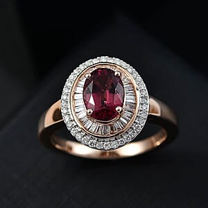 Luxoro AAA Ouro Fino Rubellite and G-H I2 Diamond 1.90 ctw Double Halo Ring in 10K Rose Gold (Size 6.5) 4.25 Grams