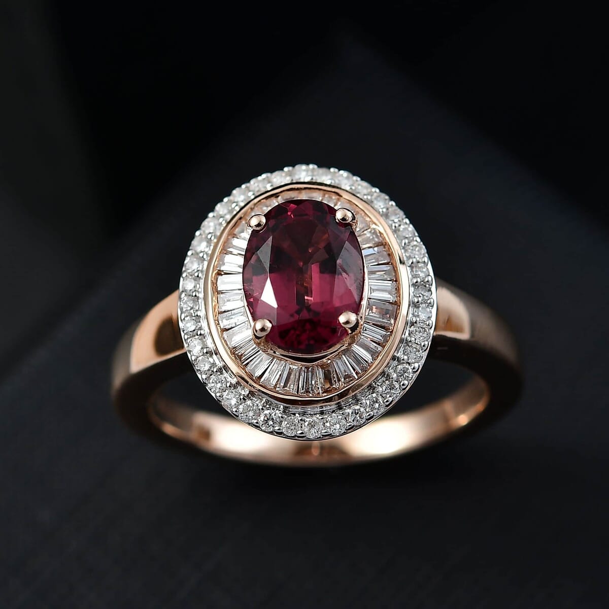 Luxoro AAA Ouro Fino Rubellite and G-H I2 Diamond 1.90 ctw Double Halo Ring in 10K Rose Gold (Size 7.0) 4.25 Grams image number 1