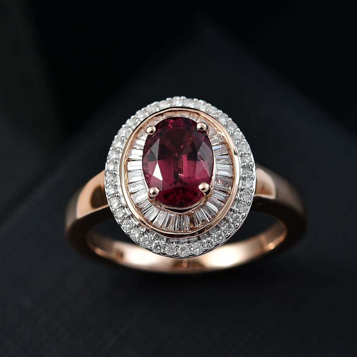 Luxoro AAA Ouro Fino Rubellite and G-H I2 Diamond 1.90 ctw Double Halo Ring in 10K Rose Gold (Size 8.0) 4.25 Grams image number 1