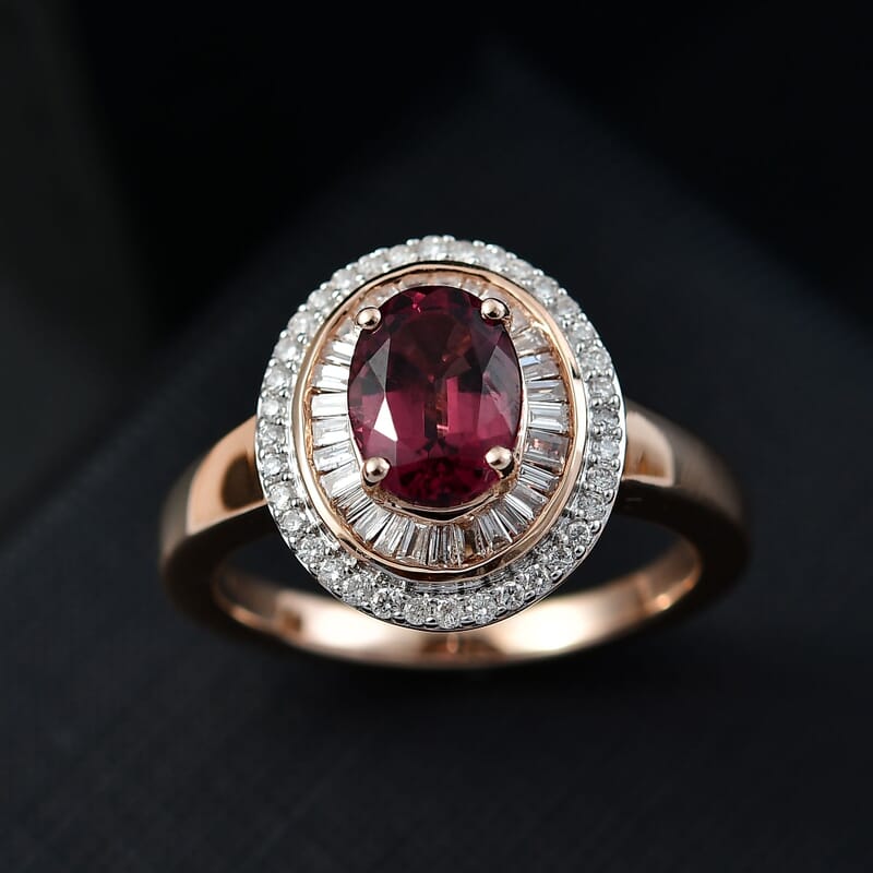 Luxoro AAA Ouro Fino Rubellite and G-H I2 Diamond 1.90 ctw Double Halo Ring in 10K Rose Gold (Size 8.0) 4.25 Grams