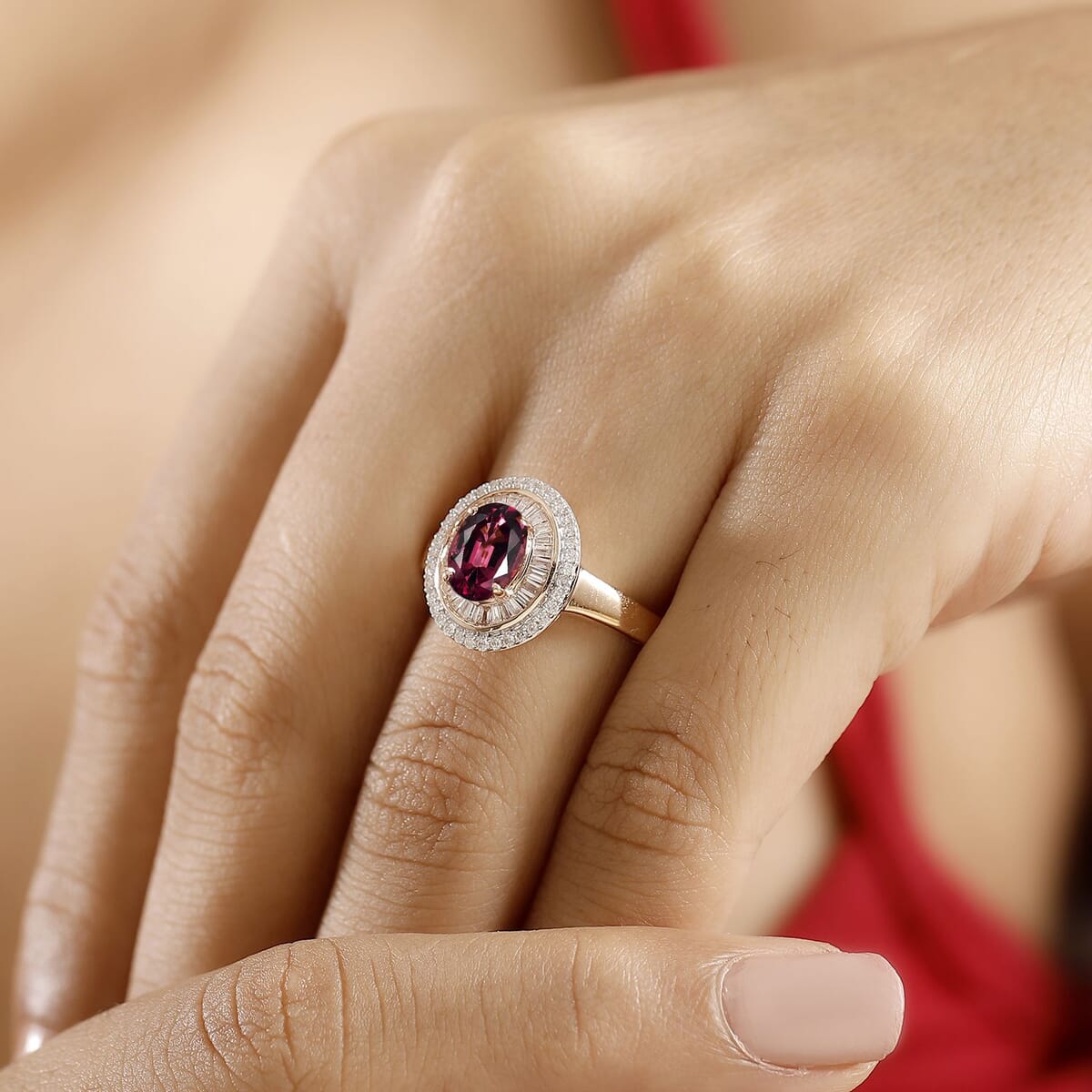 Luxoro AAA Ouro Fino Rubellite and G-H I2 Diamond 1.90 ctw Double Halo Ring in 10K Rose Gold (Size 8.0) 4.25 Grams image number 2