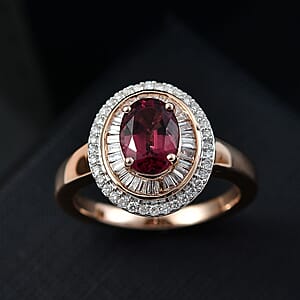 Luxoro AAA Ouro Fino Rubellite and G-H I2 Diamond 1.90 ctw Double Halo Ring in 10K Rose Gold (Size 9.0) 4.25 Grams