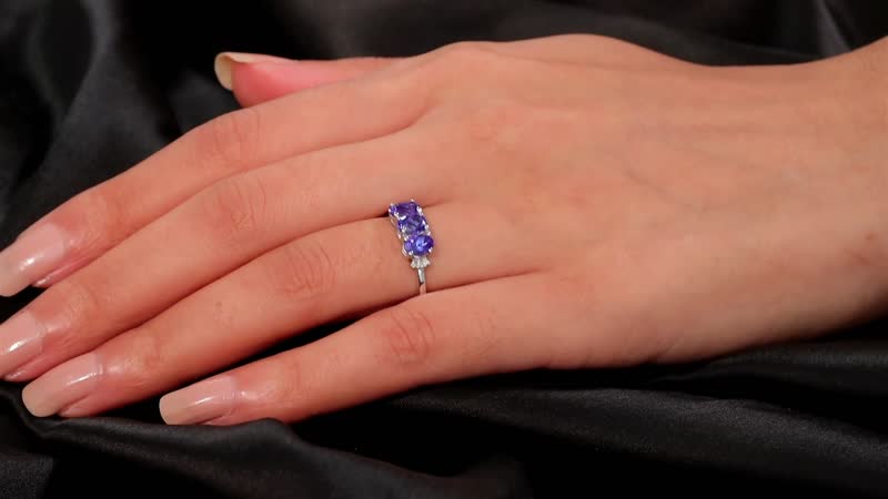 AAA Tanzanite, Diamond 3 Stone Ring in Rhodium Over Sterling Silver (Size 10.0) 1.65 ctw