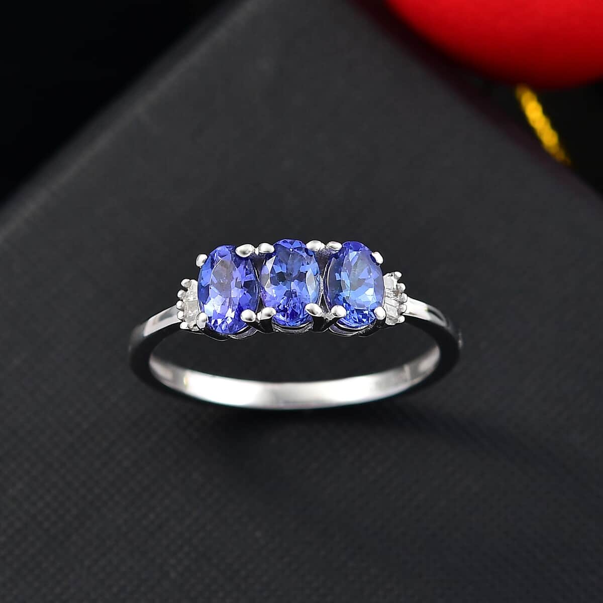 AAA Tanzanite and Diamond 1.65 ctw 3 Stone Ring in Rhodium Over Sterling Silver (Size 10.0) image number 1