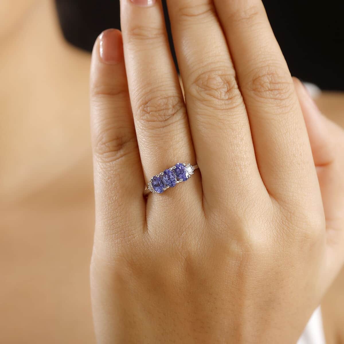 AAA Tanzanite and Diamond 1.65 ctw 3 Stone Ring in Rhodium Over Sterling Silver (Size 10.0) image number 2