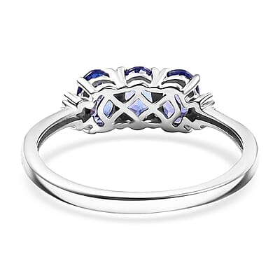 D'Joy AAA Tanzanite and Diamond 1.65 ctw 3 Stone Ring in Rhodium Over Sterling Silver (Size 10.0)