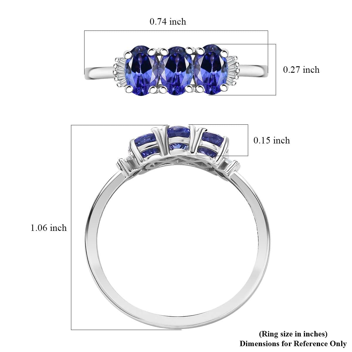 AAA Tanzanite and Diamond 1.65 ctw 3 Stone Ring in Rhodium Over Sterling Silver (Size 10.0) image number 5