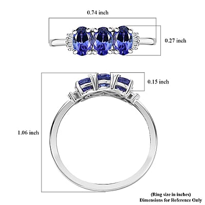 D'Joy AAA Tanzanite and Diamond 1.65 ctw 3 Stone Ring in Rhodium Over Sterling Silver (Size 10.0)