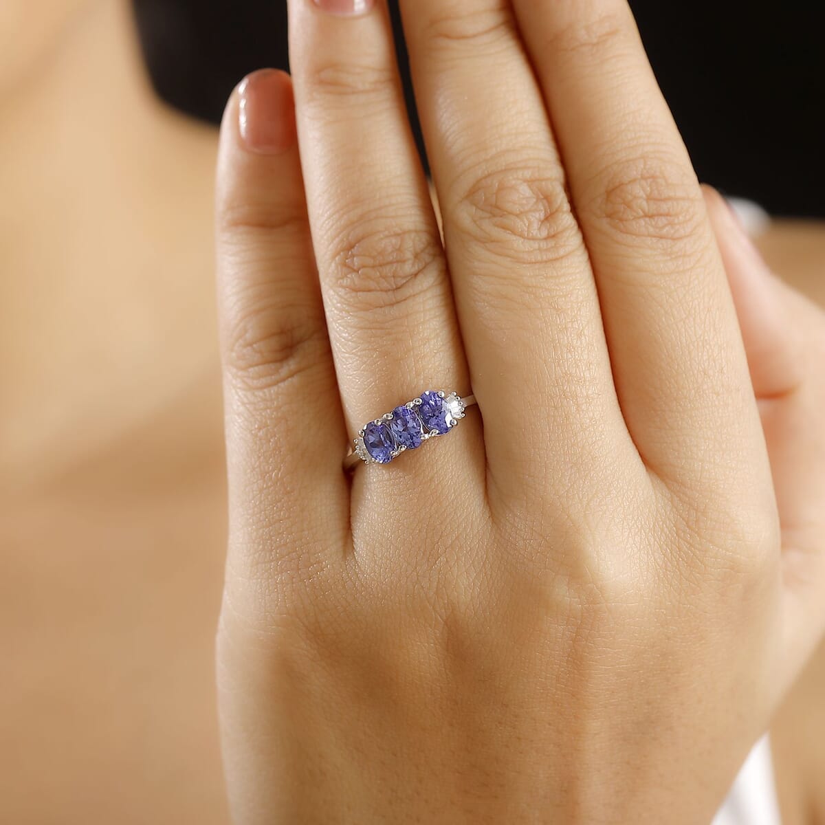 AAA Tanzanite and Diamond 1.65 ctw 3 Stone Ring in Rhodium Over Sterling Silver (Size 9.0) image number 2