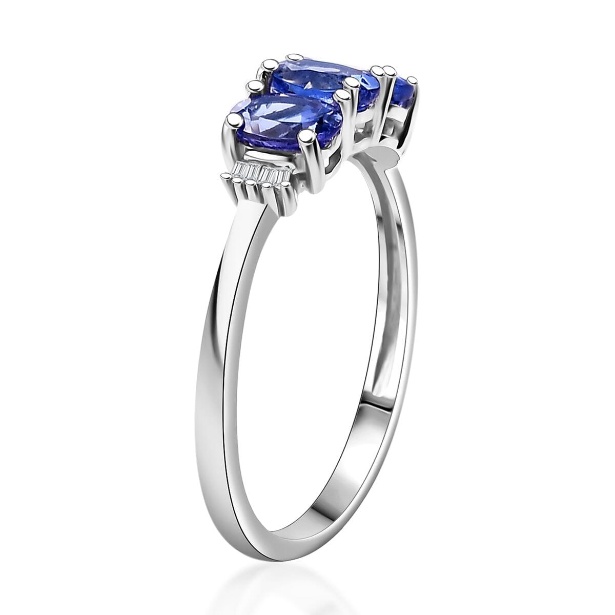 AAA Tanzanite and Diamond 1.65 ctw 3 Stone Ring in Rhodium Over Sterling Silver (Size 9.0) image number 3