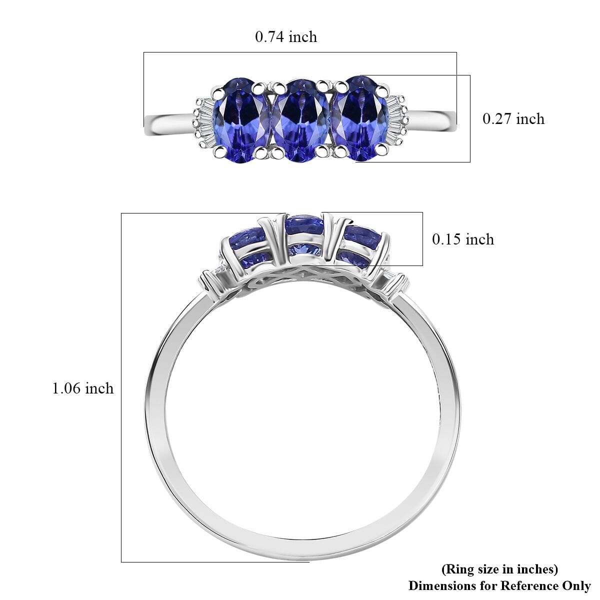 AAA Tanzanite and Diamond 1.65 ctw 3 Stone Ring in Rhodium Over Sterling Silver (Size 9.0) image number 5