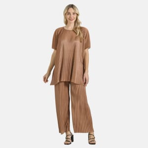 Tamsy Cognac Solid 2 Piece Pleated Polyester Top and Bottom Set - One Size Fits Most