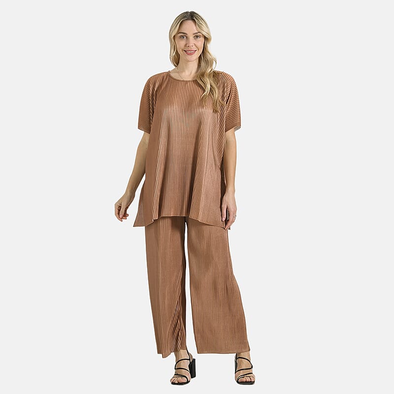 Tamsy Cognac Solid 2 Piece Pleated Polyester Top and Bottom Set - One Size Fits Most