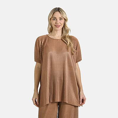 Tamsy Cognac Solid 2 Piece Pleated Polyester Top and Bottom Set - One Size Fits Most