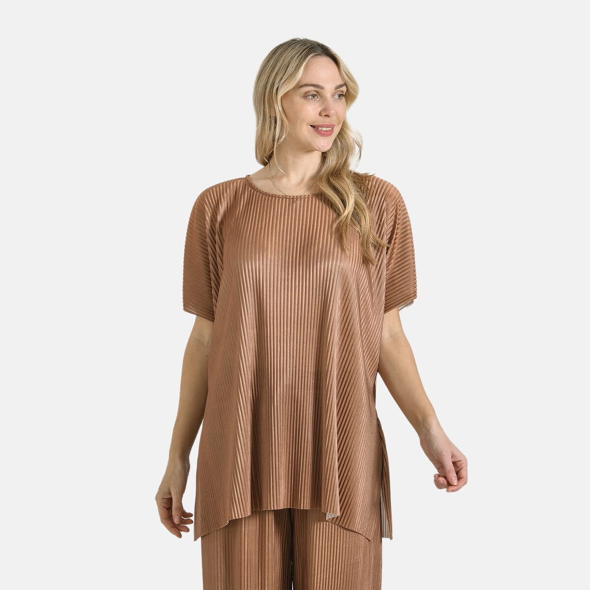 Tamsy Cognac Solid 2 Piece Pleated Polyester Top and Bottom Set - One Size Fits Most image number 2