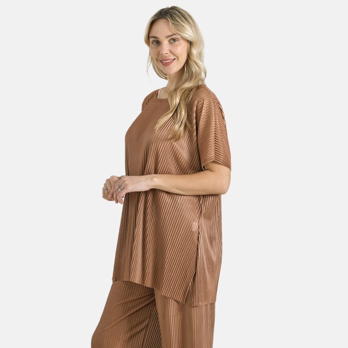 Tamsy Cognac Solid 2 Piece Pleated Polyester Top and Bottom Set - One Size Fits Most image number 3