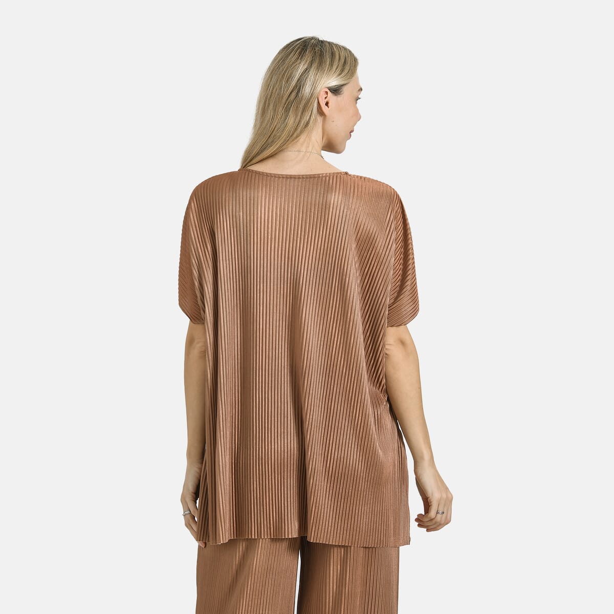 Tamsy Cognac Solid 2 Piece Pleated Polyester Top and Bottom Set - One Size Fits Most image number 4