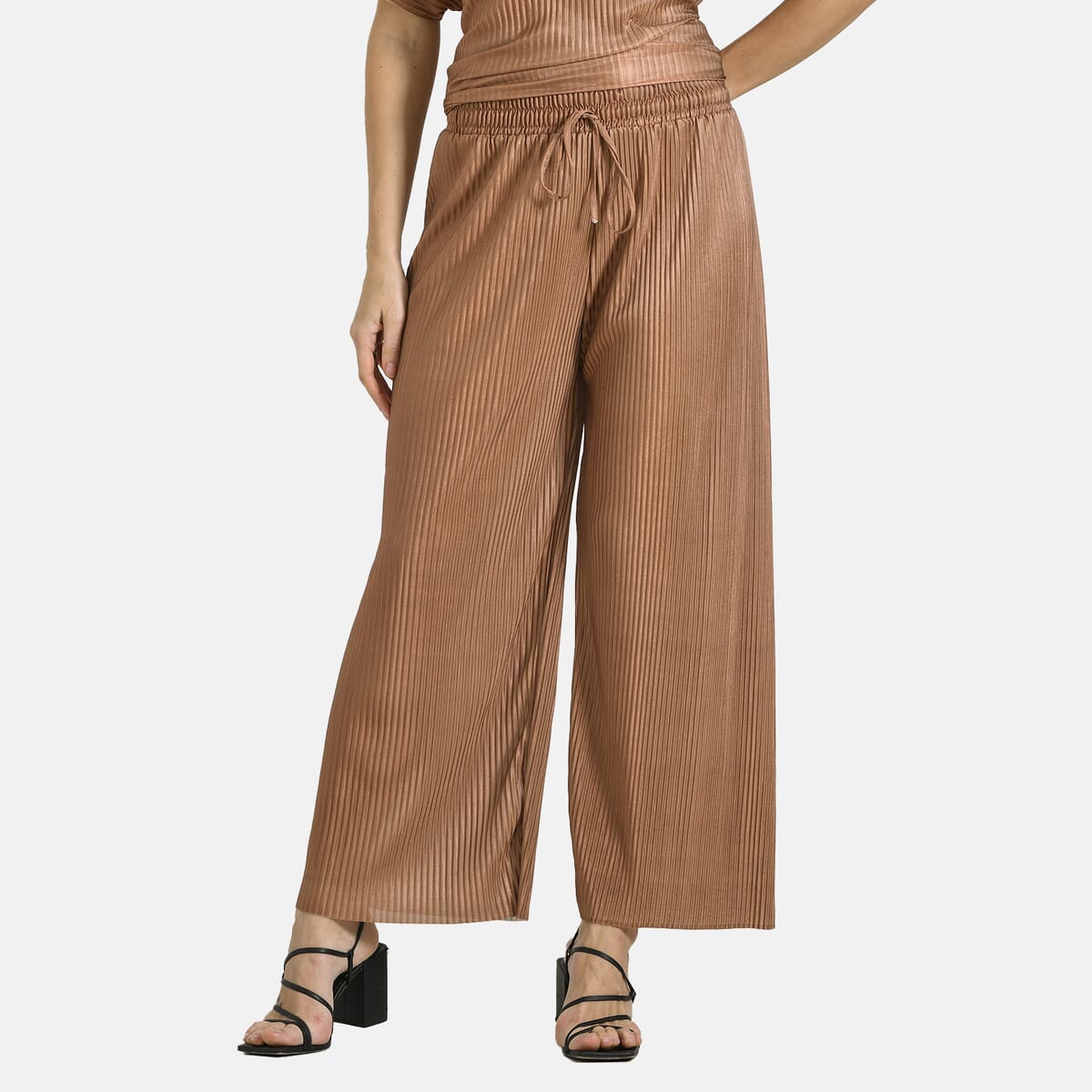Tamsy Cognac Solid 2 Piece Pleated Polyester Top and Bottom Set - One Size Fits Most image number 5