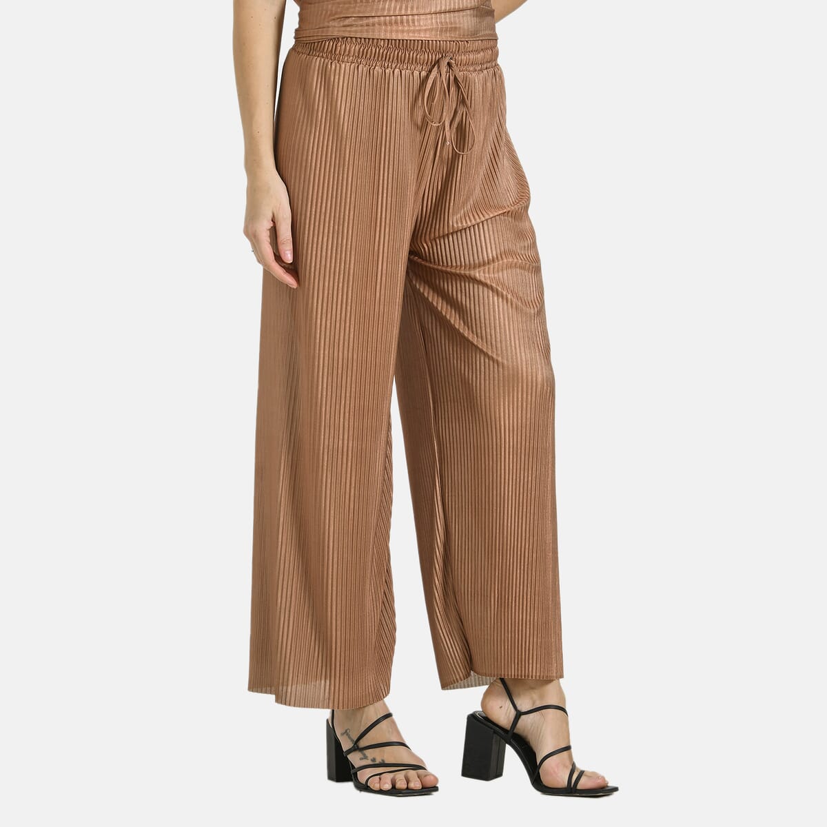 Tamsy Cognac Solid 2 Piece Pleated Polyester Top and Bottom Set - One Size Fits Most image number 6
