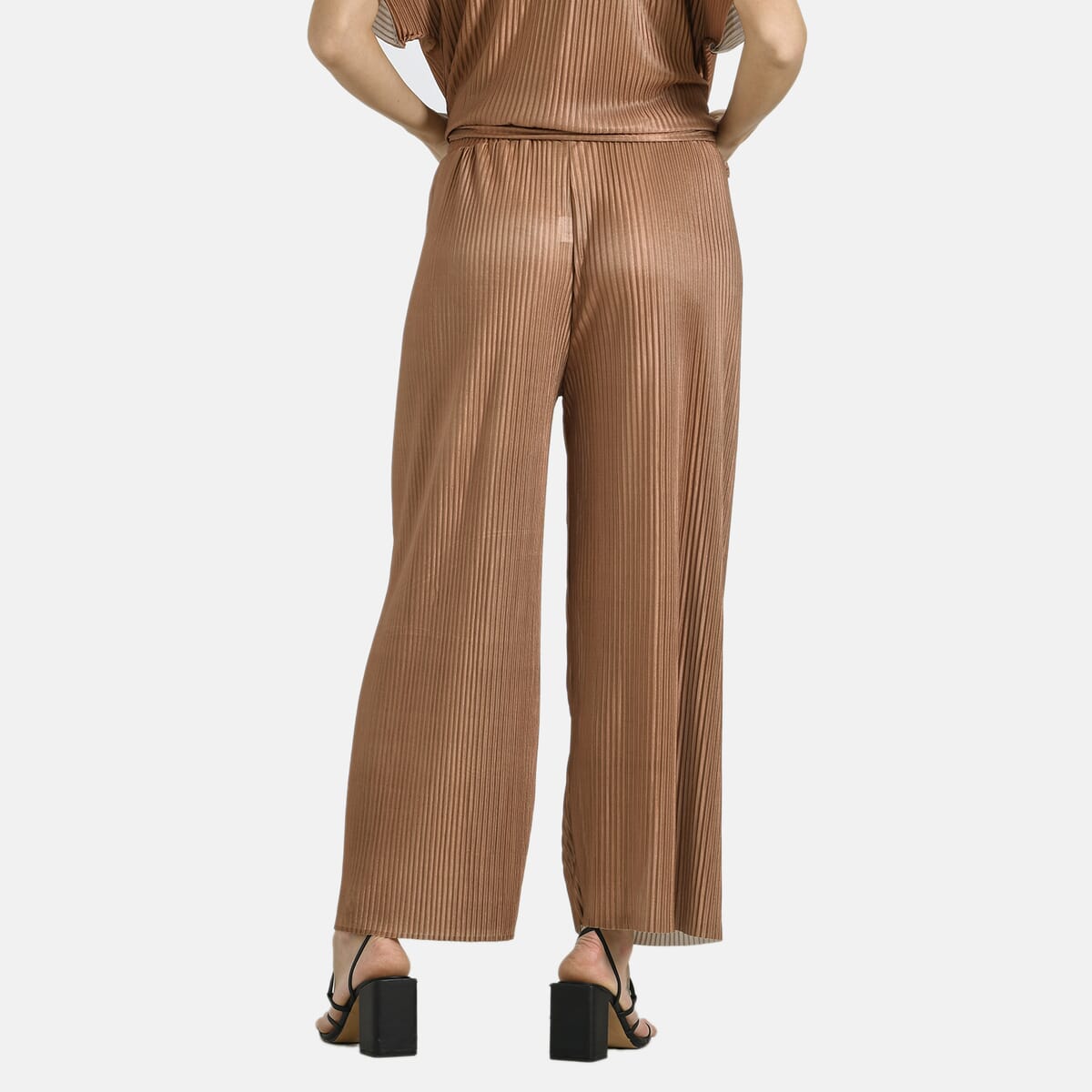 Tamsy Cognac Solid 2 Piece Pleated Polyester Top and Bottom Set - One Size Fits Most image number 7