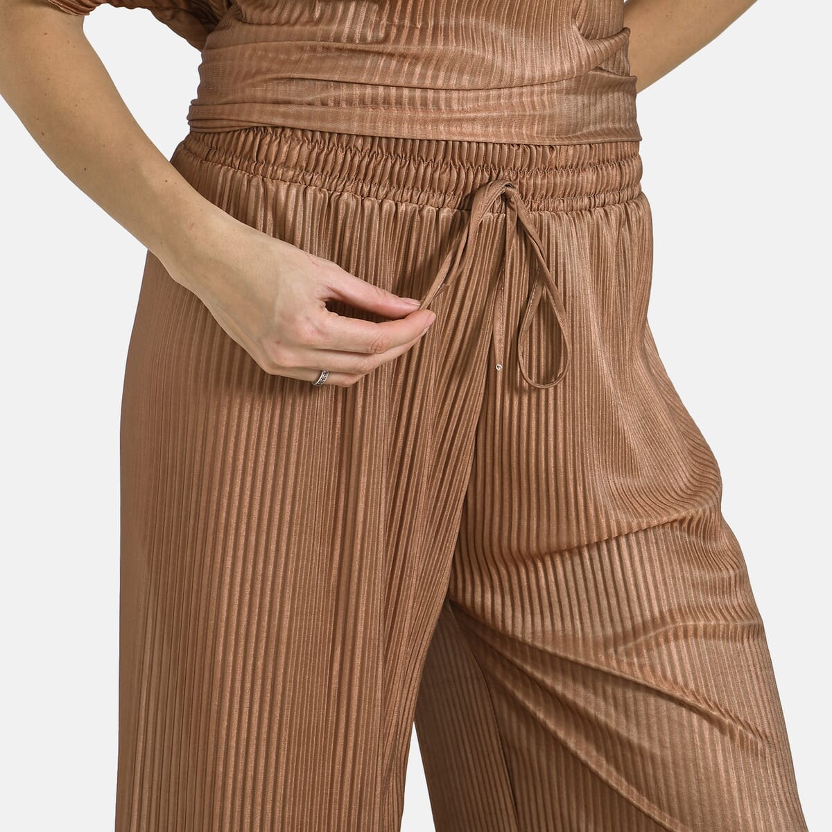 Tamsy Cognac Solid 2 Piece Pleated Polyester Top and Bottom Set - One Size Fits Most image number 8