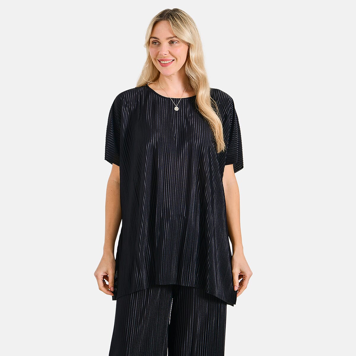Tamsy Black Solid 2 Piece Pleated Polyester Top and Bottom Set - One Size Fits Most image number 1