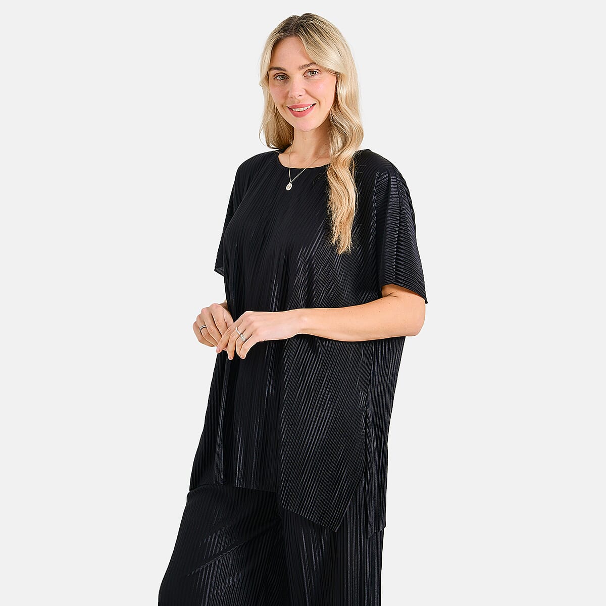 Tamsy Black Solid 2 Piece Pleated Polyester Top and Bottom Set - One Size Fits Most image number 2