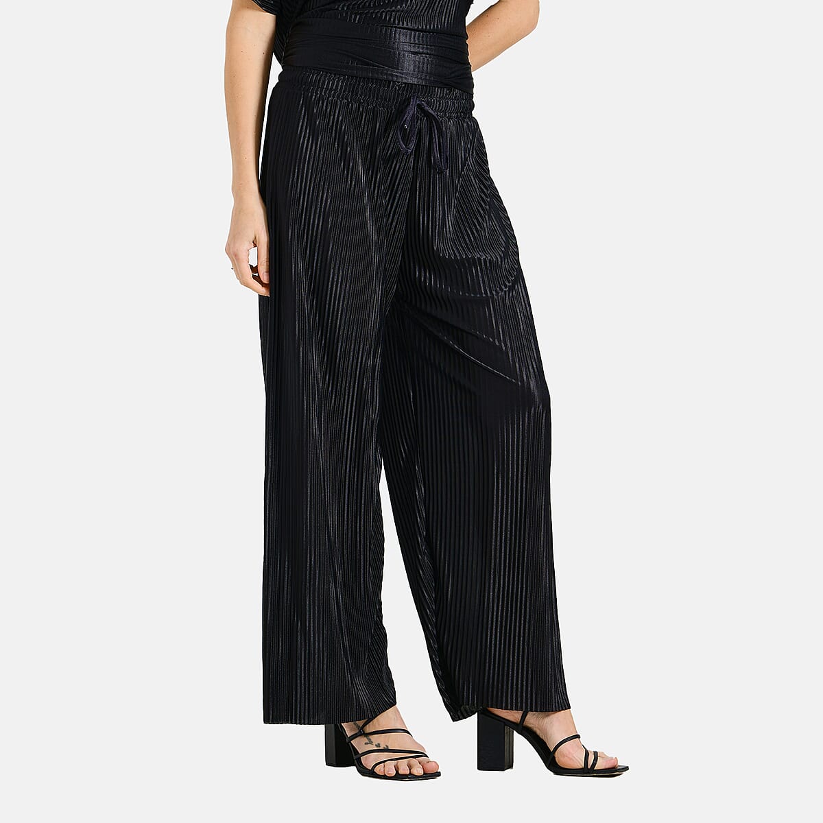 Tamsy Black Solid 2 Piece Pleated Polyester Top and Bottom Set - One Size Fits Most image number 5