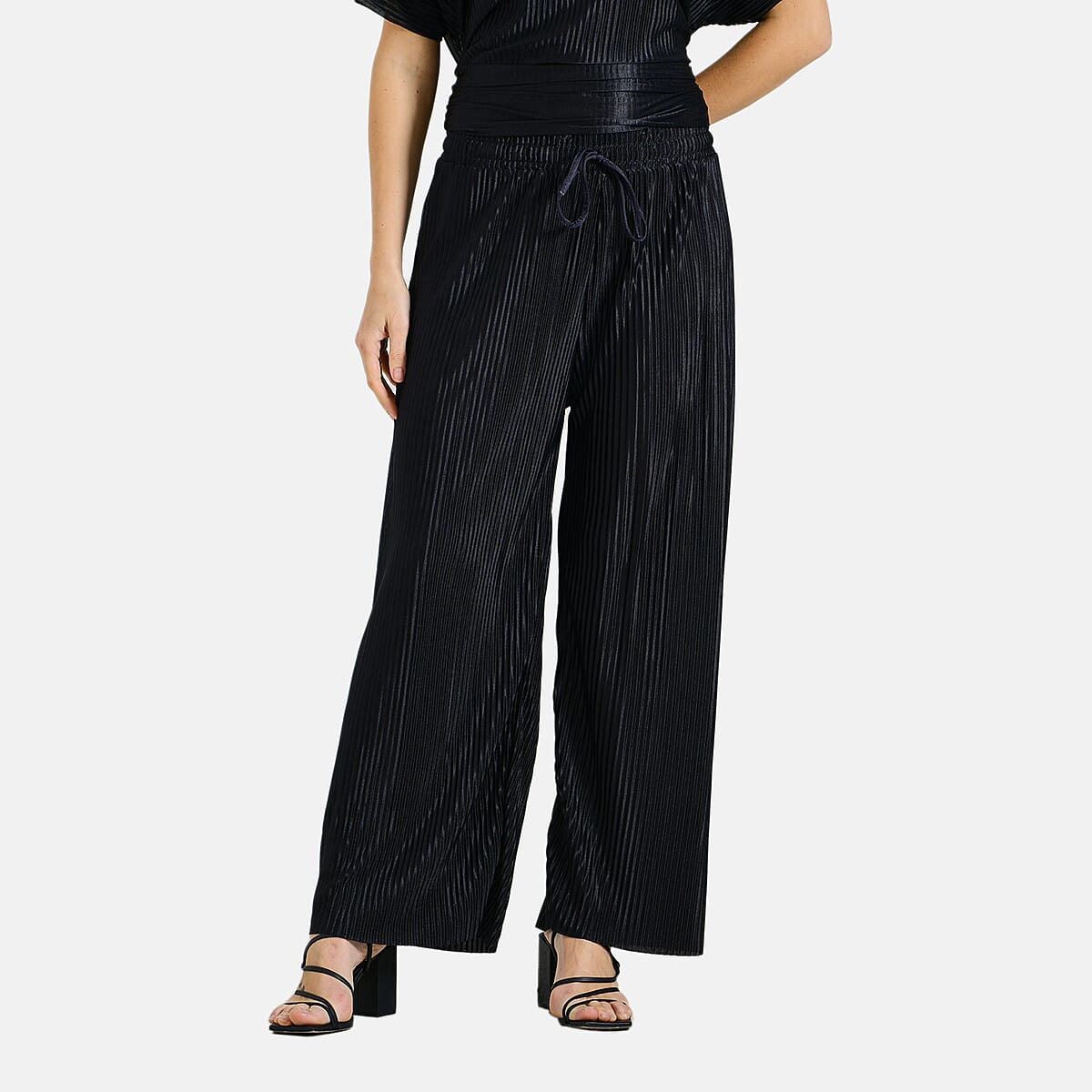 Tamsy Black Solid 2 Piece Pleated Polyester Top and Bottom Set - One Size Fits Most image number 6