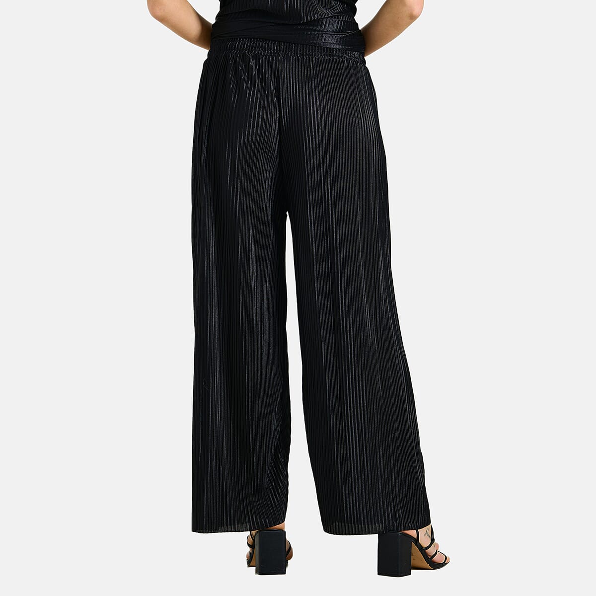 Tamsy Black Solid 2 Piece Pleated Polyester Top and Bottom Set - One Size Fits Most image number 7