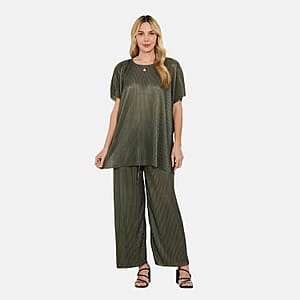 Tamsy Olive Solid 2 Piece Pleated Polyester Top and Bottom Set - One Size Fits Most