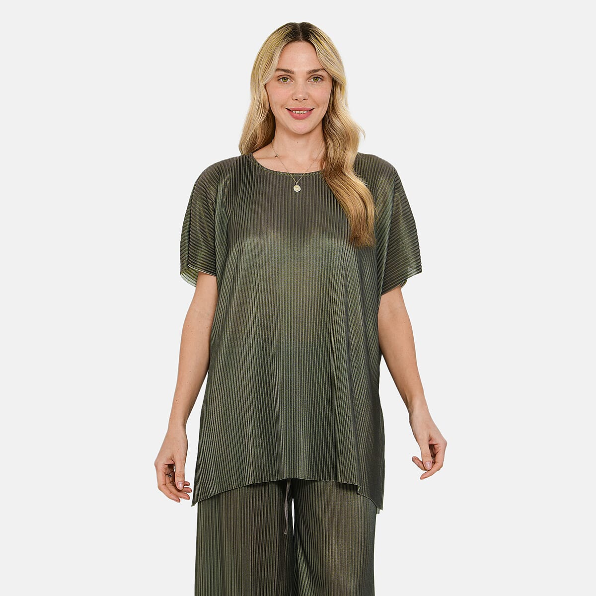 Tamsy Olive Solid 2 Piece Pleated Polyester Top and Bottom Set - One Size Fits Most image number 1