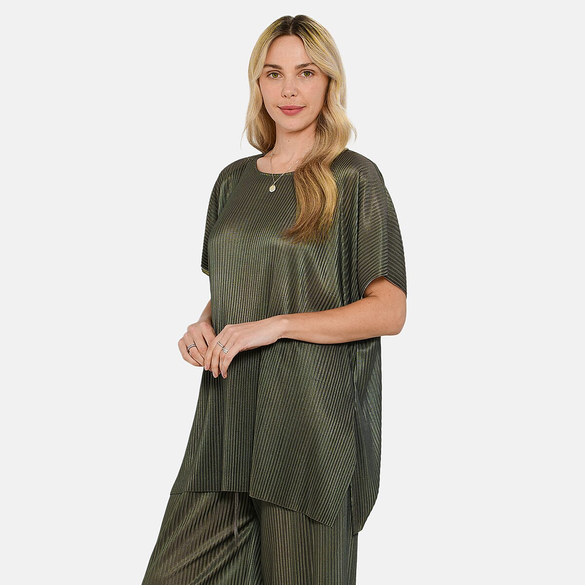 Tamsy Olive Solid 2 Piece Pleated Polyester Top and Bottom Set - One Size Fits Most image number 2