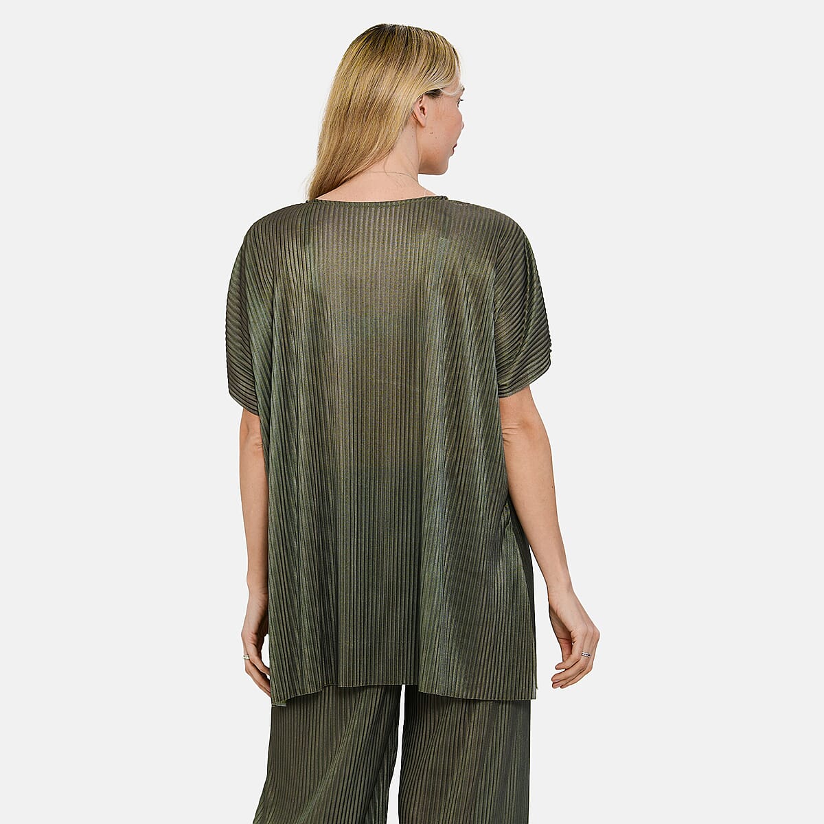 Tamsy Olive Solid 2 Piece Pleated Polyester Top and Bottom Set - One Size Fits Most image number 3