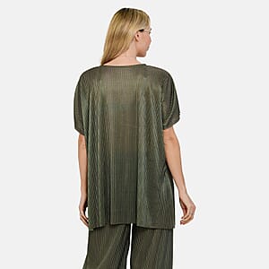 Tamsy Olive Solid 2 Piece Pleated Polyester Top and Bottom Set - One Size Fits Most