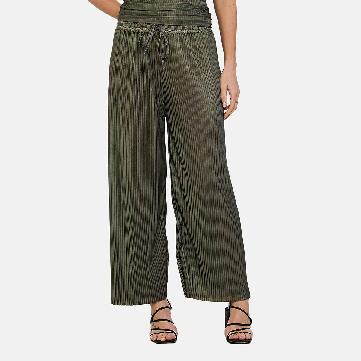 Tamsy Olive Solid 2 Piece Pleated Polyester Top and Bottom Set - One Size Fits Most image number 5