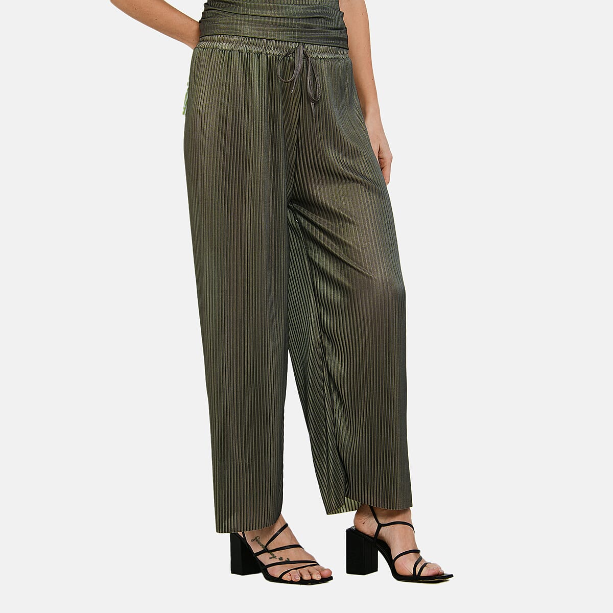 Tamsy Olive Solid 2 Piece Pleated Polyester Top and Bottom Set - One Size Fits Most image number 6