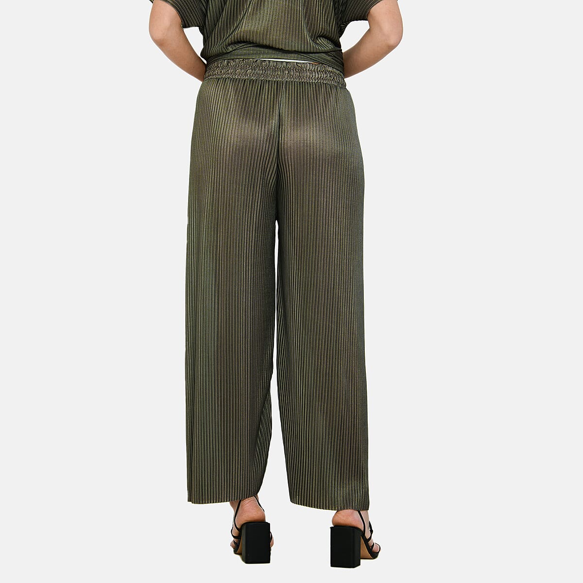 Tamsy Olive Solid 2 Piece Pleated Polyester Top and Bottom Set - One Size Fits Most image number 7