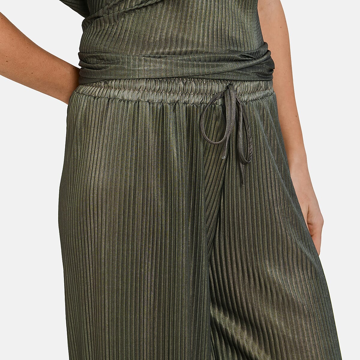 Tamsy Olive Solid 2 Piece Pleated Polyester Top and Bottom Set - One Size Fits Most image number 8