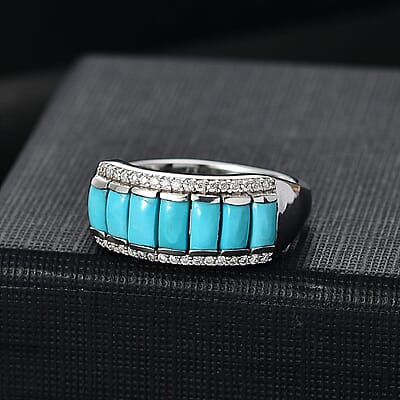 Sleeping Beauty Turquoise and Moissanite 1.90 ctw Ring in Rhodium Over Sterling Silver (Size 10.0) (Del. in 8-10 Days)