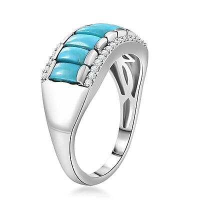 Sleeping Beauty Turquoise and Moissanite 1.90 ctw Ring in Rhodium Over Sterling Silver (Size 10.0) (Del. in 8-10 Days)